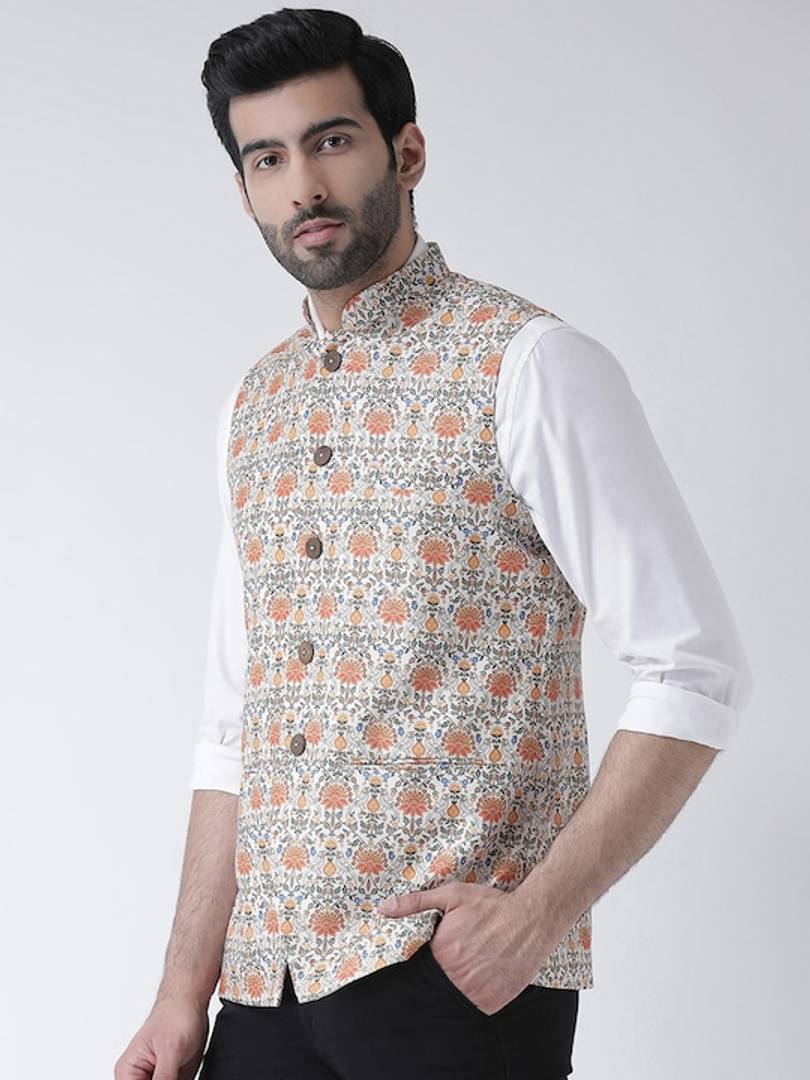 Men's Multicoloured 
Cotton Blend
 Printed Nehru Jackets